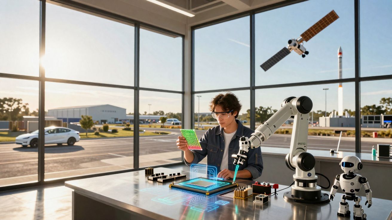 Junger Mann arbeitet mit Robotikarm und kleinen Robotern in hellem Labor mit Satellit und Rakete draußen.
