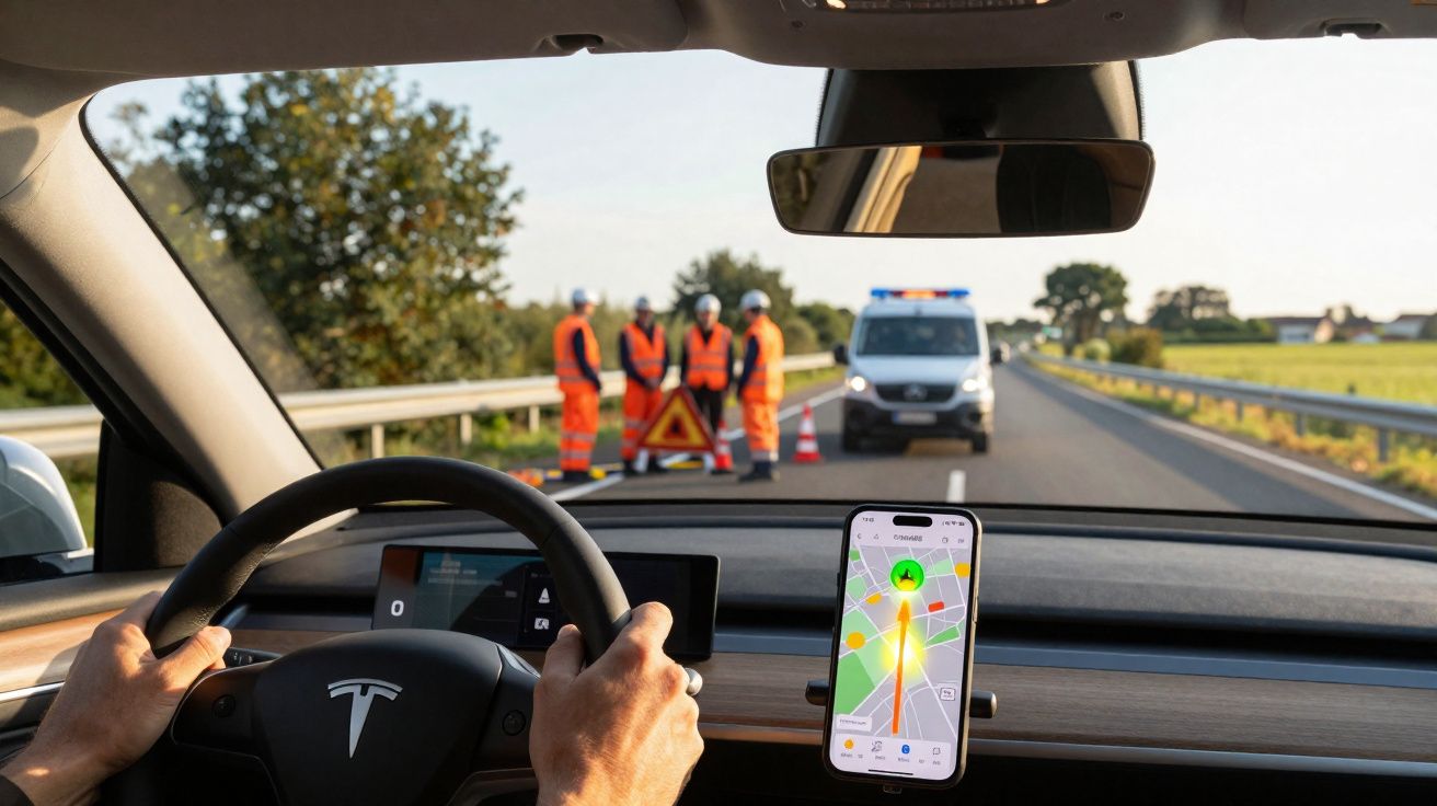 Blick aus Tesla auf Straßenarbeiter mit Warnschild und Einsatzfahrzeug auf Autobahn bei Tageslicht.