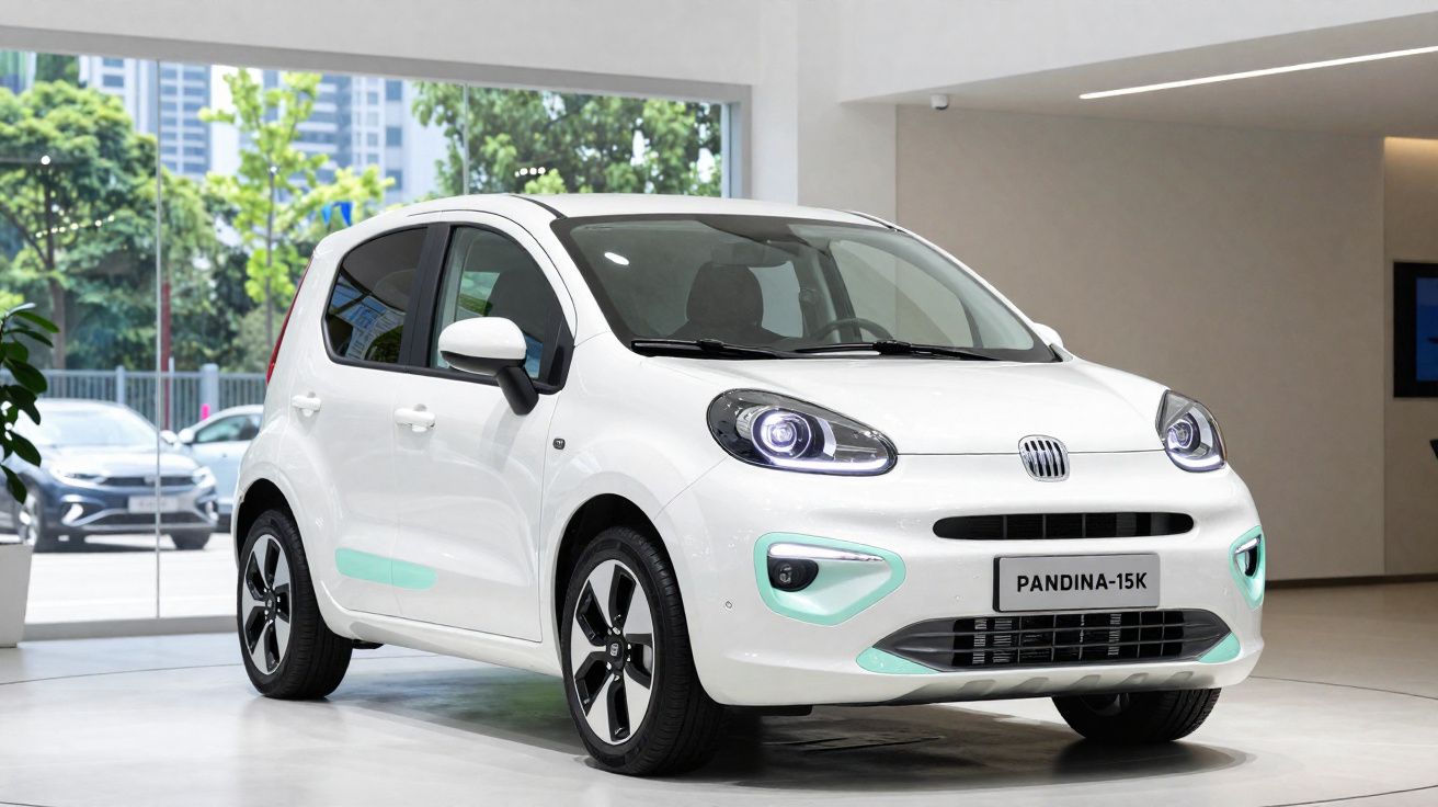 Weißer Kleinwagen Pandina-15K mit modernen Scheinwerfern in einem hellen Showroom.