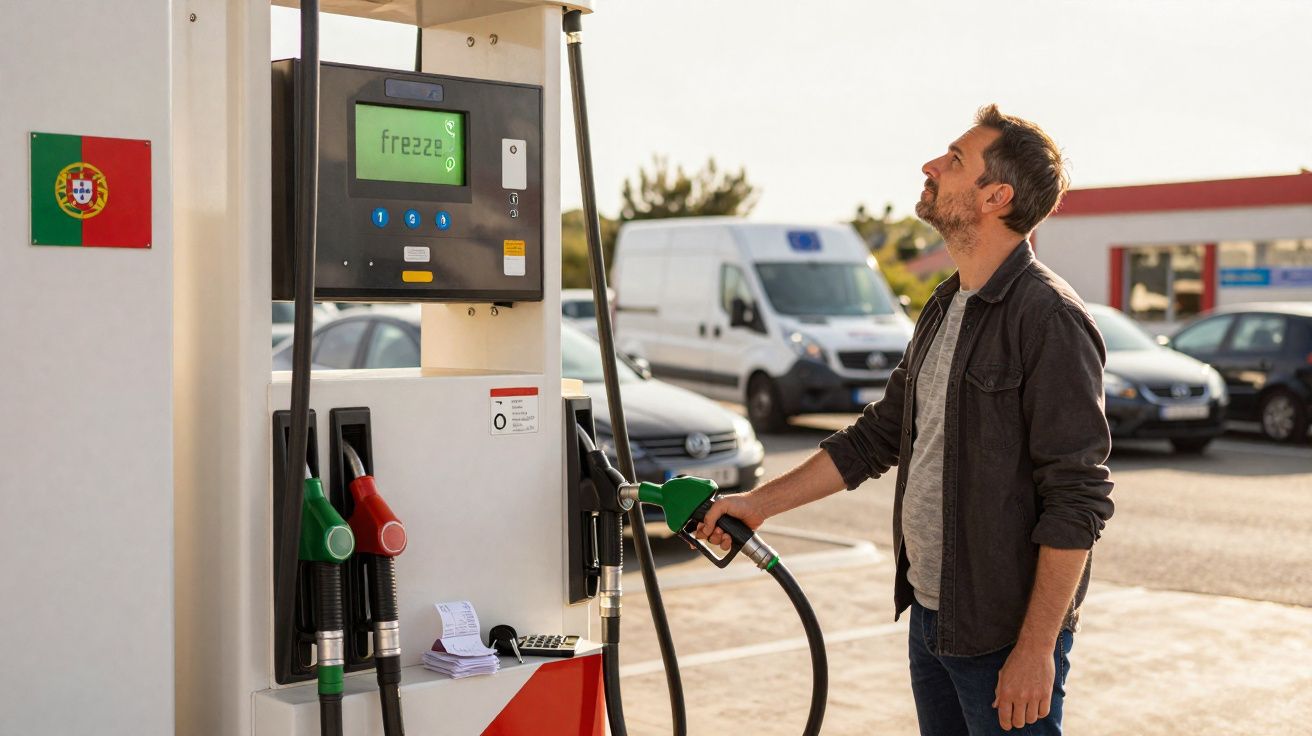 Mann betankt Auto an einer Tankstelle mit grünem Zapfhahn, Portugal-Flagge an der Säule sichtbar.