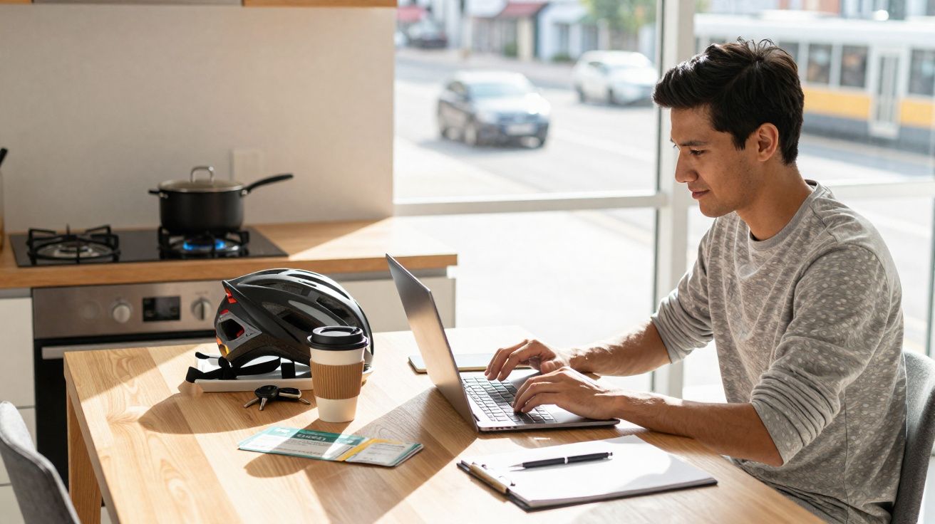 Mann arbeitet am Laptop in heller Küche, Fahrradhelm und Kaffeebecher auf dem Tisch neben ihm.