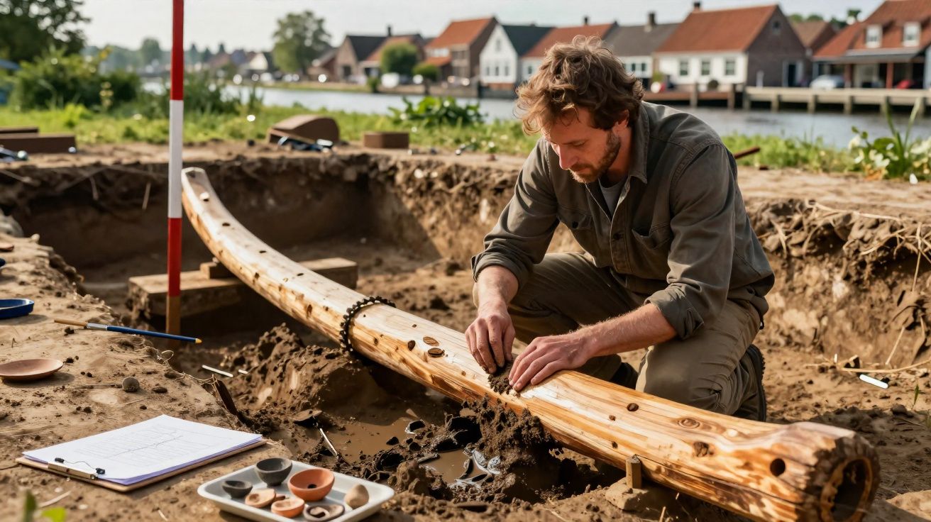 Archäologe untersucht einen ausgegrabenen, langgestreckten Holzbohlenfund in einem Freilandgrabungsfeld nahe einem Dorf.