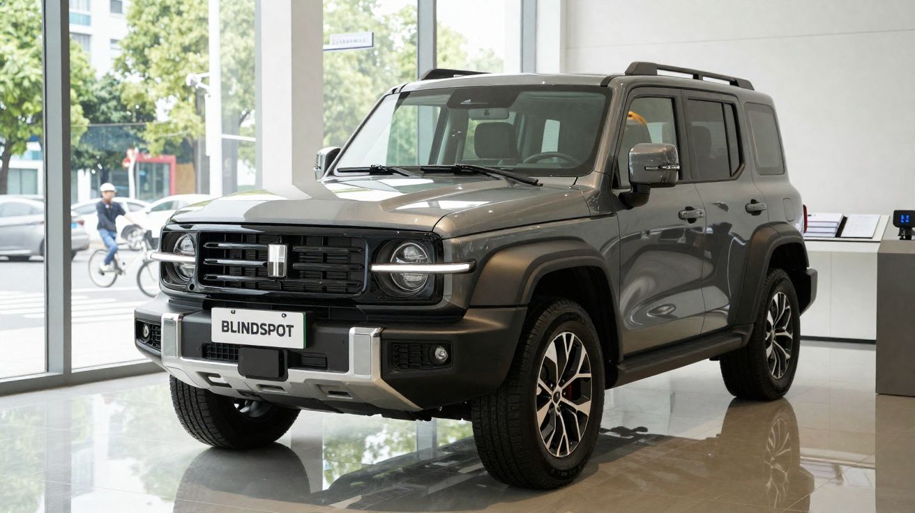Grauer SUV mit schwarzem Kühlergrill, Reifenfelgen und Dachträger im modernen Showroom.