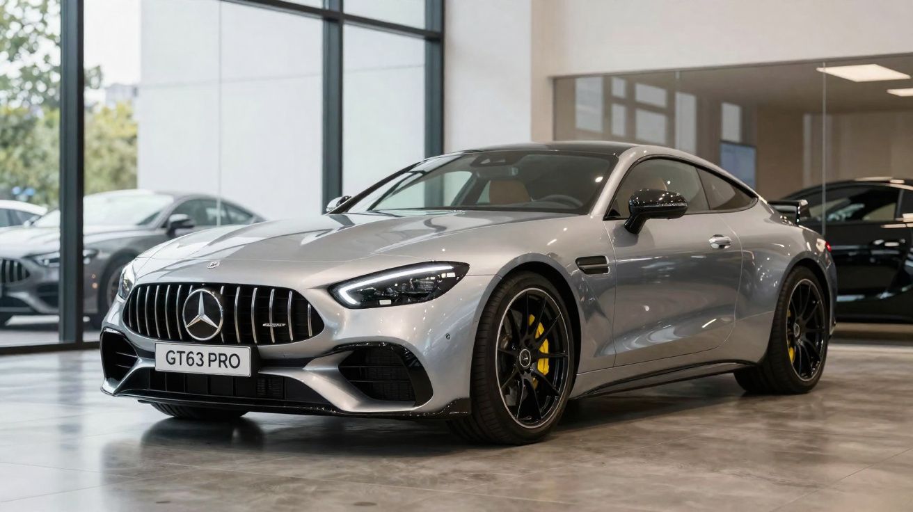 Silberner Mercedes-AMG GT63 Pro Sportwagen in einem modernen Showroom mit großen Fenstern.