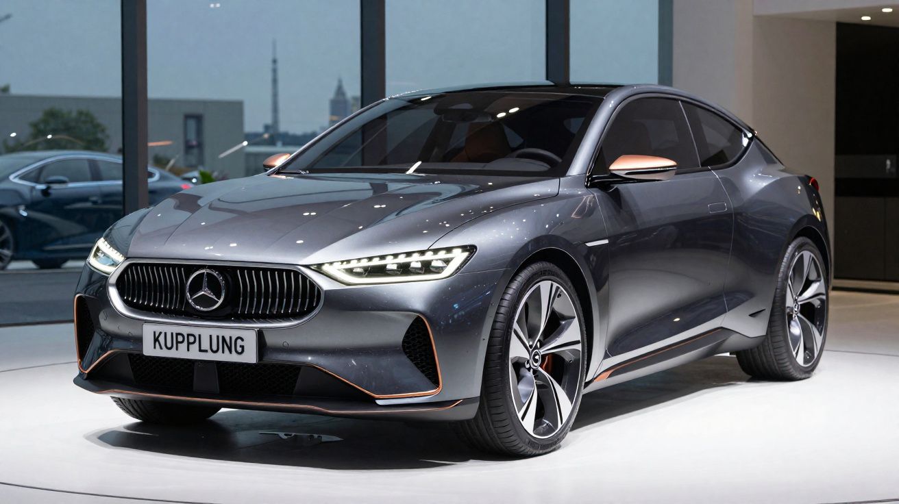 Moderner grauer Mercedes-Elektro-Sportwagen in Ausstellungsraum mit hellen LED-Scheinwerfern