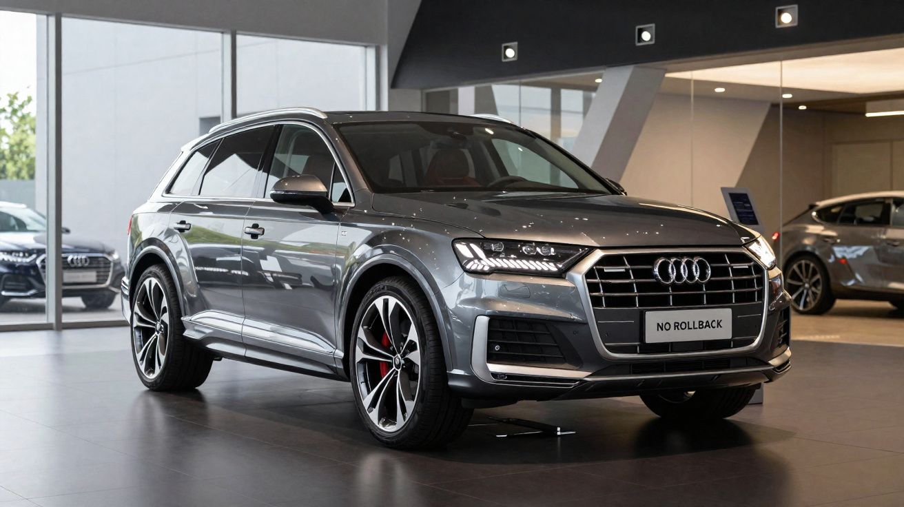 Grau metallic Audi Q7 SUV im Autohaus mit LED-Scheinwerfern und großem Kühlergrill, frontal seitlich.