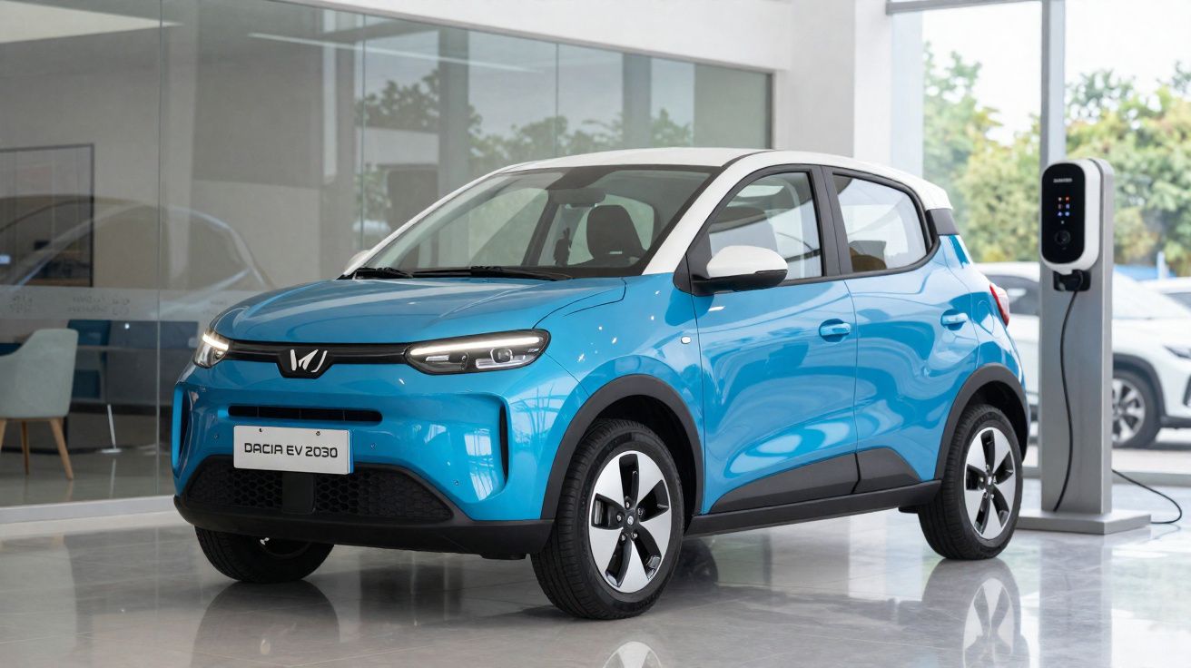 Blau-weißer Dacia EV 2030 Elektroauto an Ladestation in modernem Showroom.