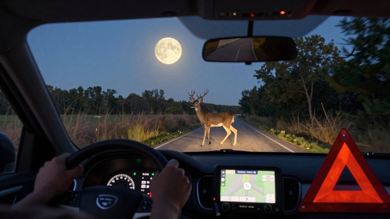 Blick aus Auto auf Straße bei Nacht mit Vollmond und einem Hirsch, der die Fahrbahn überquert.