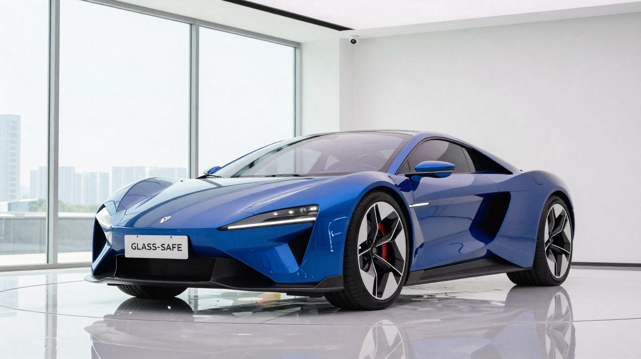 Blauer Sportwagen mit modernem Design in einem hellen Ausstellungsraum auf glänzendem Boden.