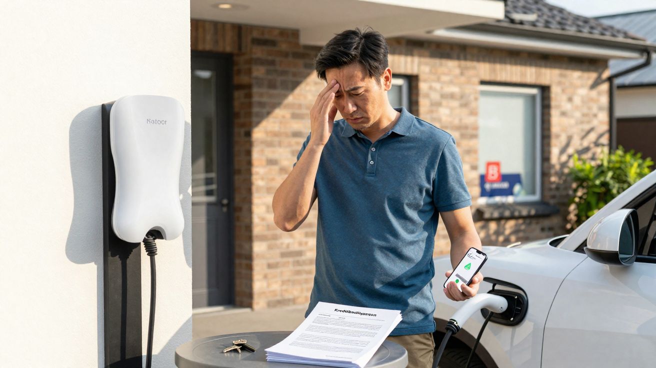 Mann steht ratlos neben Elektroauto-Ladestation mit Smartphone und Energierechnung vor Hausfassade.