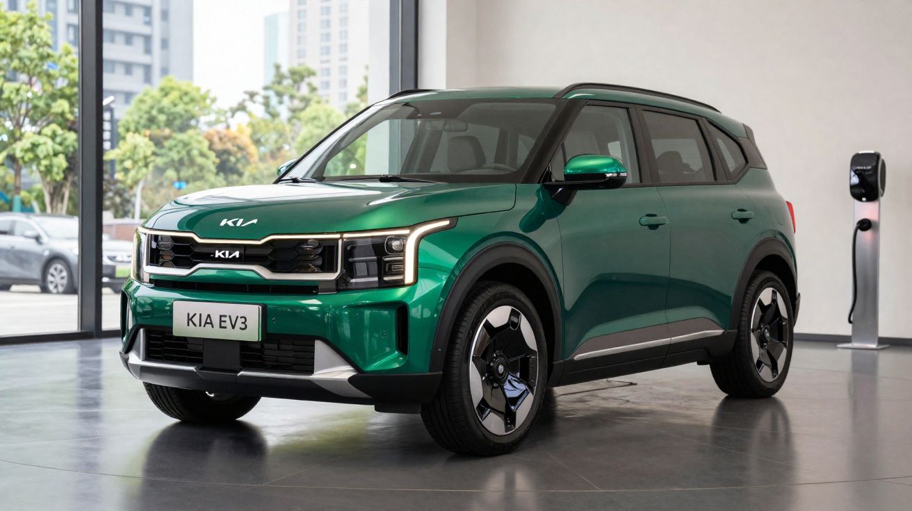 Grüner Kia EV3 Elektro-SUV in einem modernen Showroom, Ladestation im Hintergrund sichtbar.