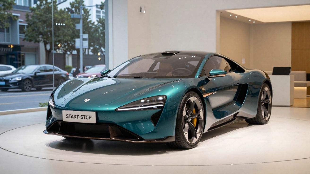 Grüner Sportwagen mit Start-Stop-Kennzeichen in modernem Showroom vor Fenstern zur Straße.