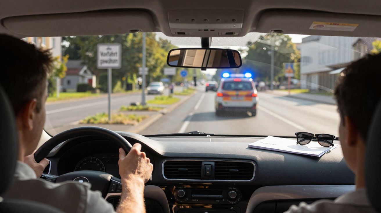 Blick aus einem Auto auf eine Straße, ein Fahrzeug mit Blaulicht fährt vor dem Auto.