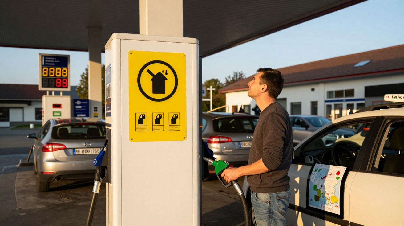 Mann betankt Auto an Zapfsäule an Tankstelle bei sonnigem Wetter am späten Nachmittag.