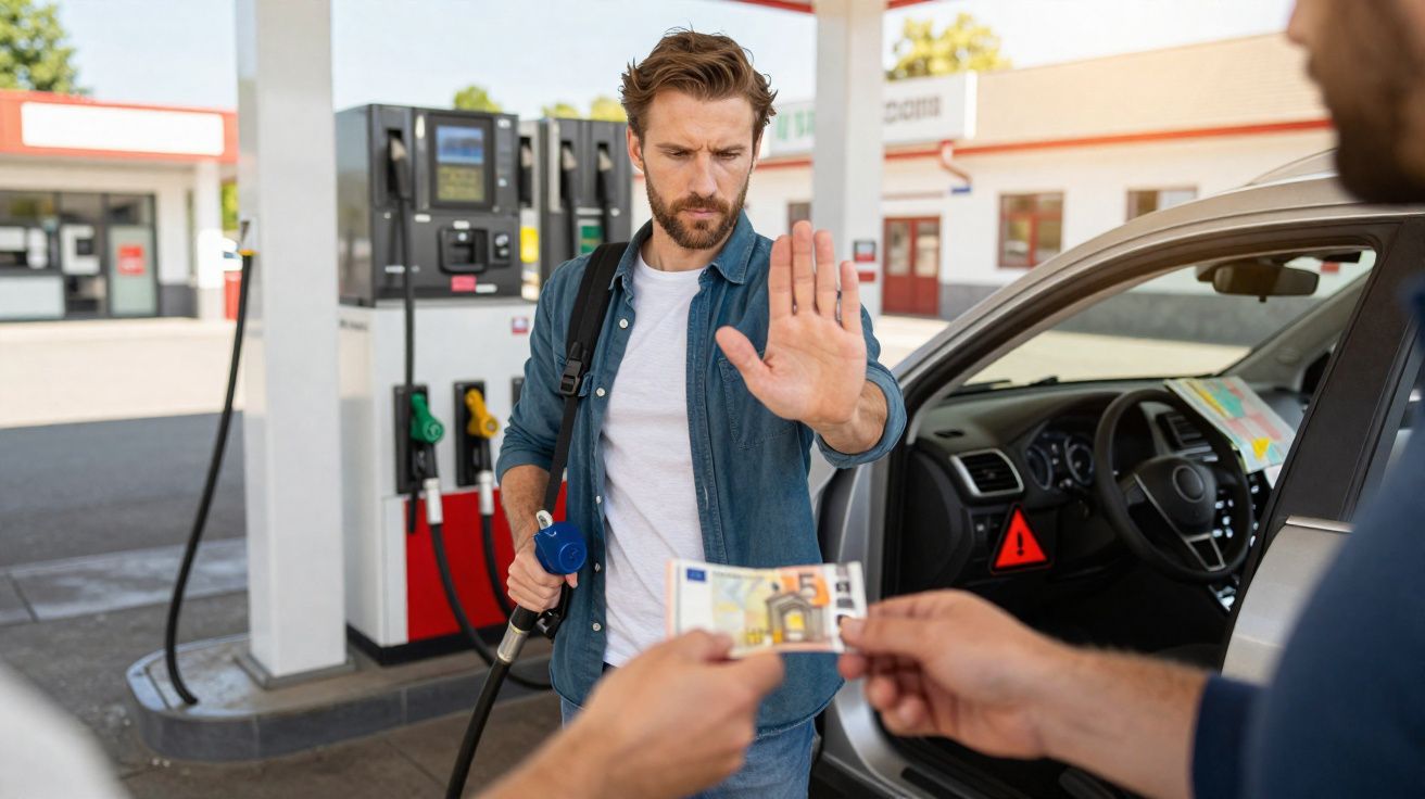 Mann an Tankstelle zeigt abwehrend Hand und lehnt Geldschein für Benzin von anderem Mann ab.
