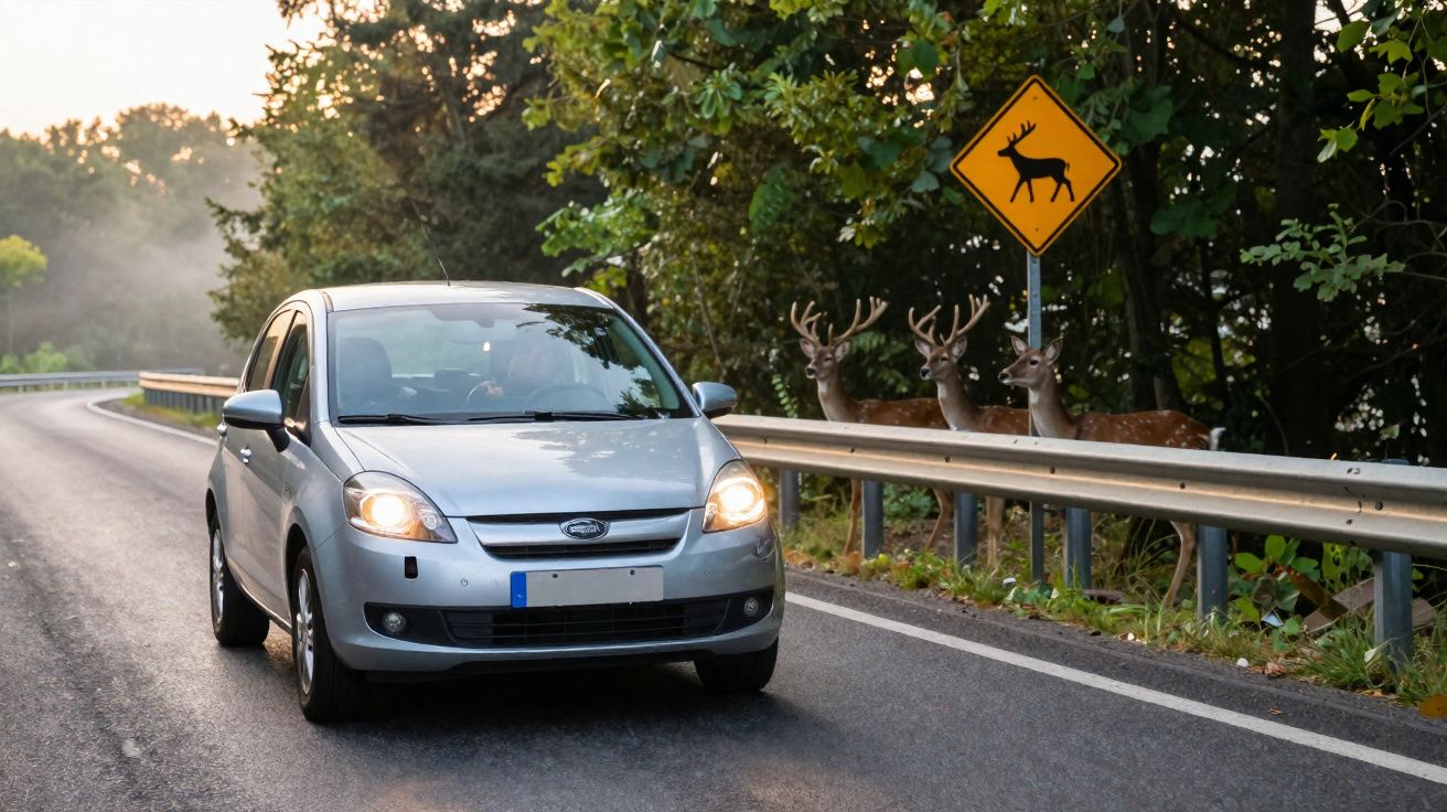 Auto fährt auf Landstraße am Wald mit Wildwechsel-Schild und drei Rehen hinter Leitplanke.