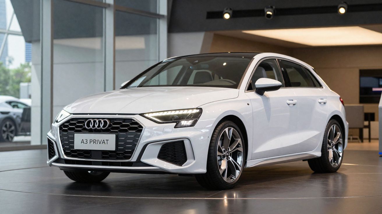 Weißer Audi A3 Sportback in einem modernen Showroom mit Beleuchtung und großen Fenstern.