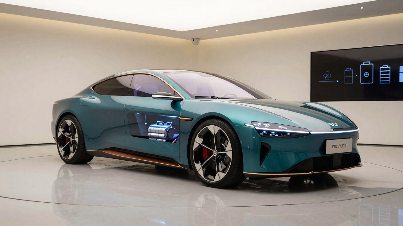 Blaugrünes Elektroauto in modernem Showroom mit digitaler Motoranzeige an der Seite.
