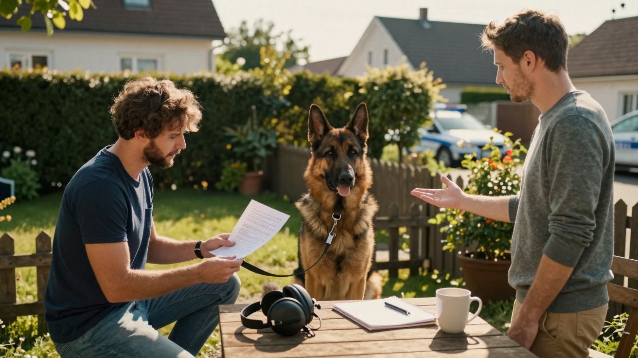 Zwei Männer sprechen im Garten, ein Mann liest ein Dokument, ein Deutscher Schäferhund sitzt zwischen ihnen.